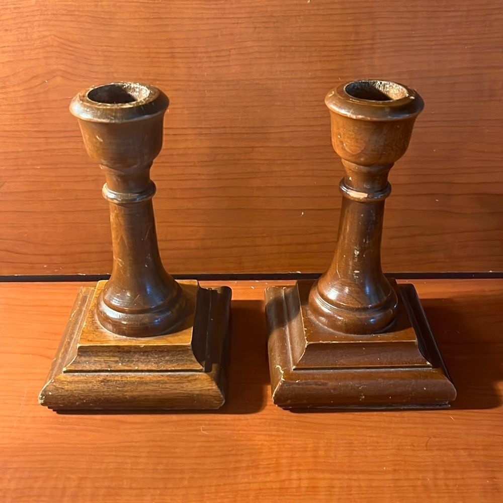 Set of (2) Brown Wooden Woodcrafters Candlestick Square Holders for Taper Candle